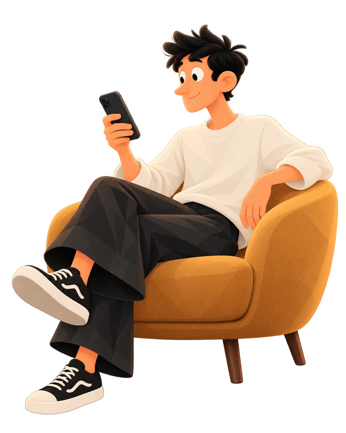 The HereFor character enjoying a chosen browse in an amber chair.